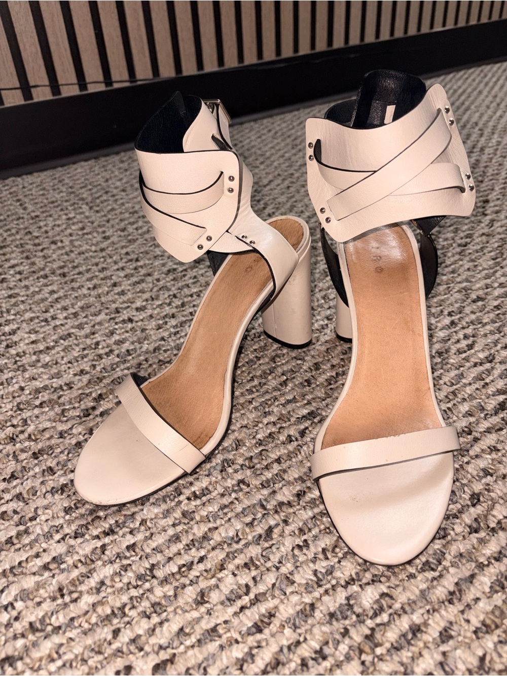 IRO Cream Open-Toe Block Heel Sandals with Sculpted Ankle Cuff